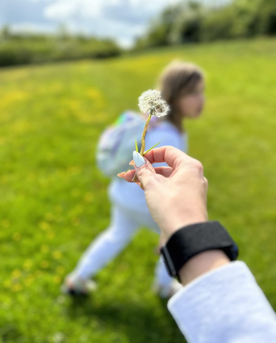 Hand Holding Dandelion with child running behind